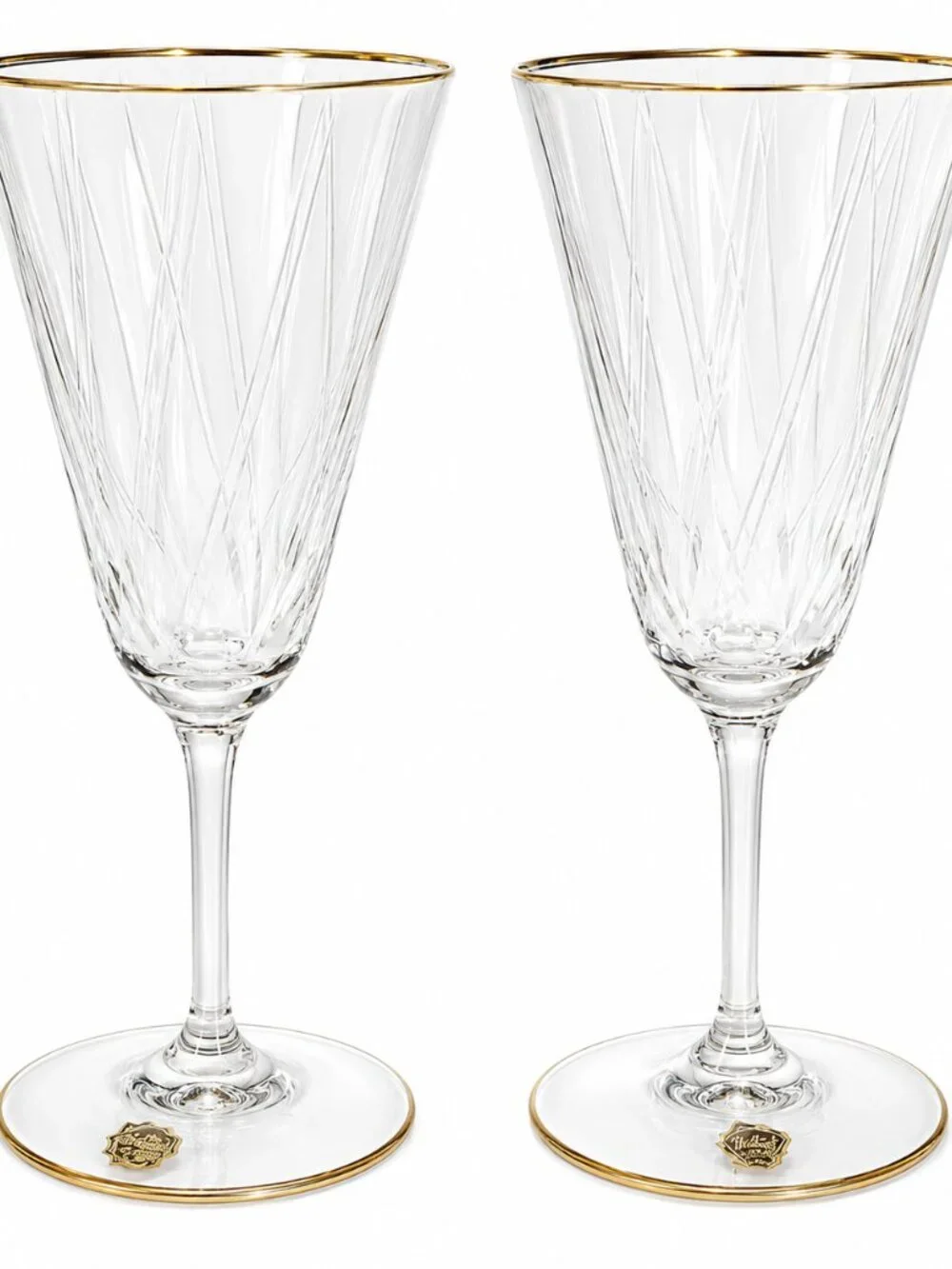 Set of 4 Gold-Trim Etched Crystal Wine Glasses